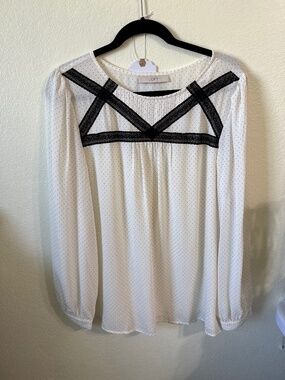 NWOT LOFT White Sheer Polka Dot Black Trim Long Sleeve Lace Top Women’s